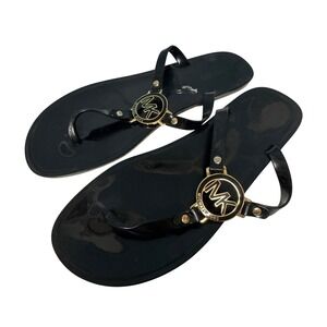 Michael Kors Black Jelly Flip Flop Sandals Gold MK Logo Medallion Womens 10M